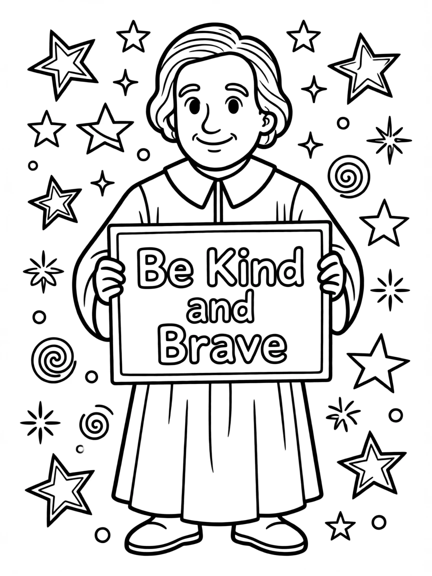 A cute coloring page of Galileo Galilei holding a sign about kindness or bravery, with stars and doodles around.