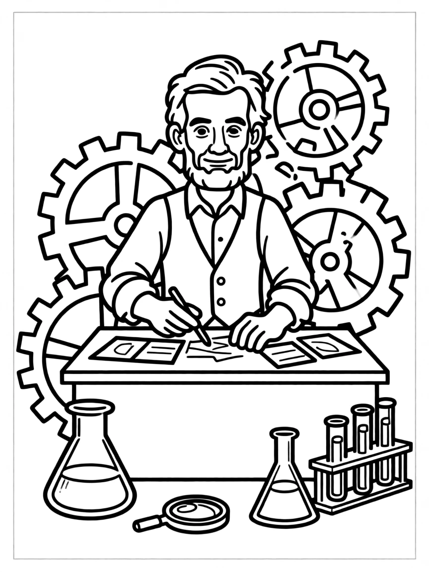 Abraham Lincoln working on their famous invention or idea, with gears, papers, or lab equipment drawn simply.