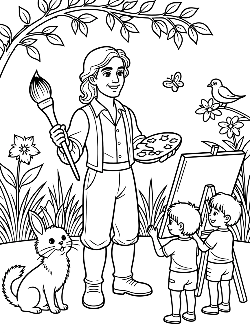 A playful scene showing Pablo Picasso in a historical outfit with animals, plants, or kids nearby.