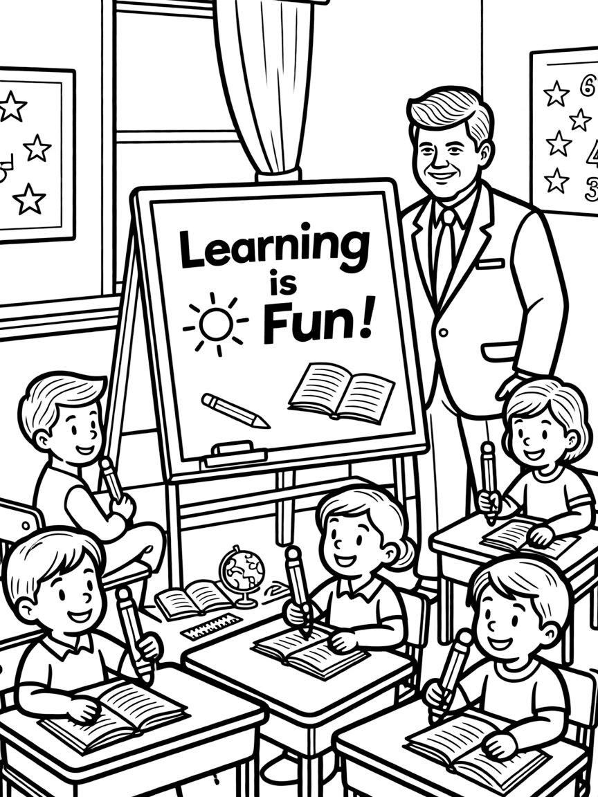 John F. Kennedy teaching children, with educational items like chalkboards and pencils, in a friendly classroom scene.