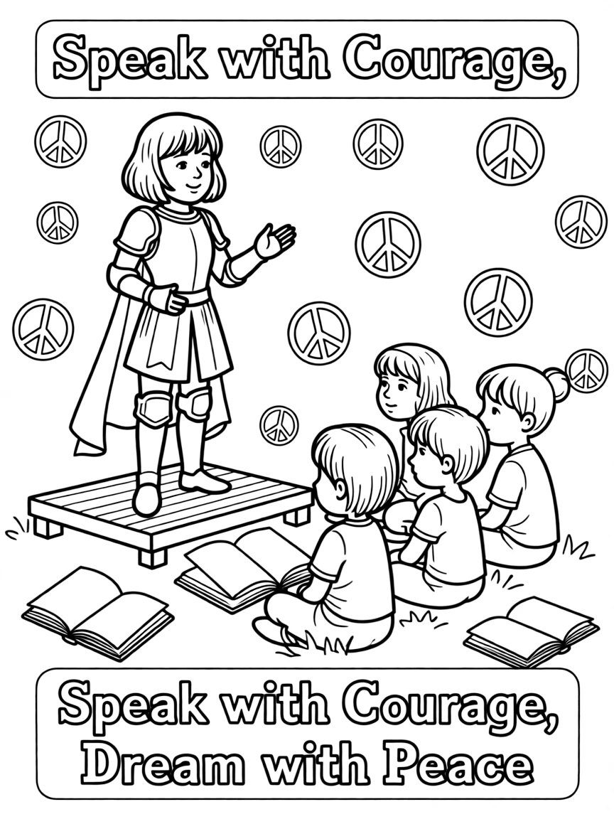 A fun coloring page of Joan of Arc giving a speech to children with books and peace signs around.