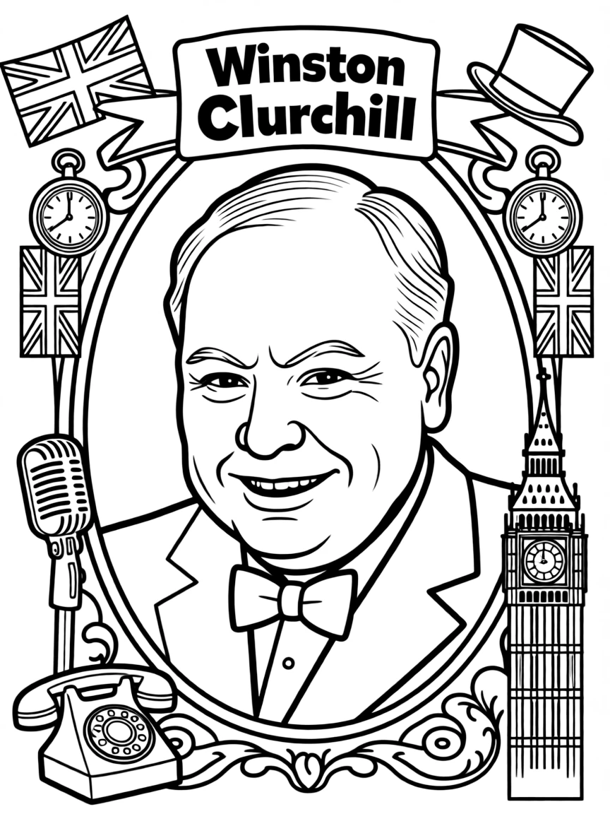 A portrait of Winston Churchill with a big smile, framed with decorative borders and symbols of their time period.