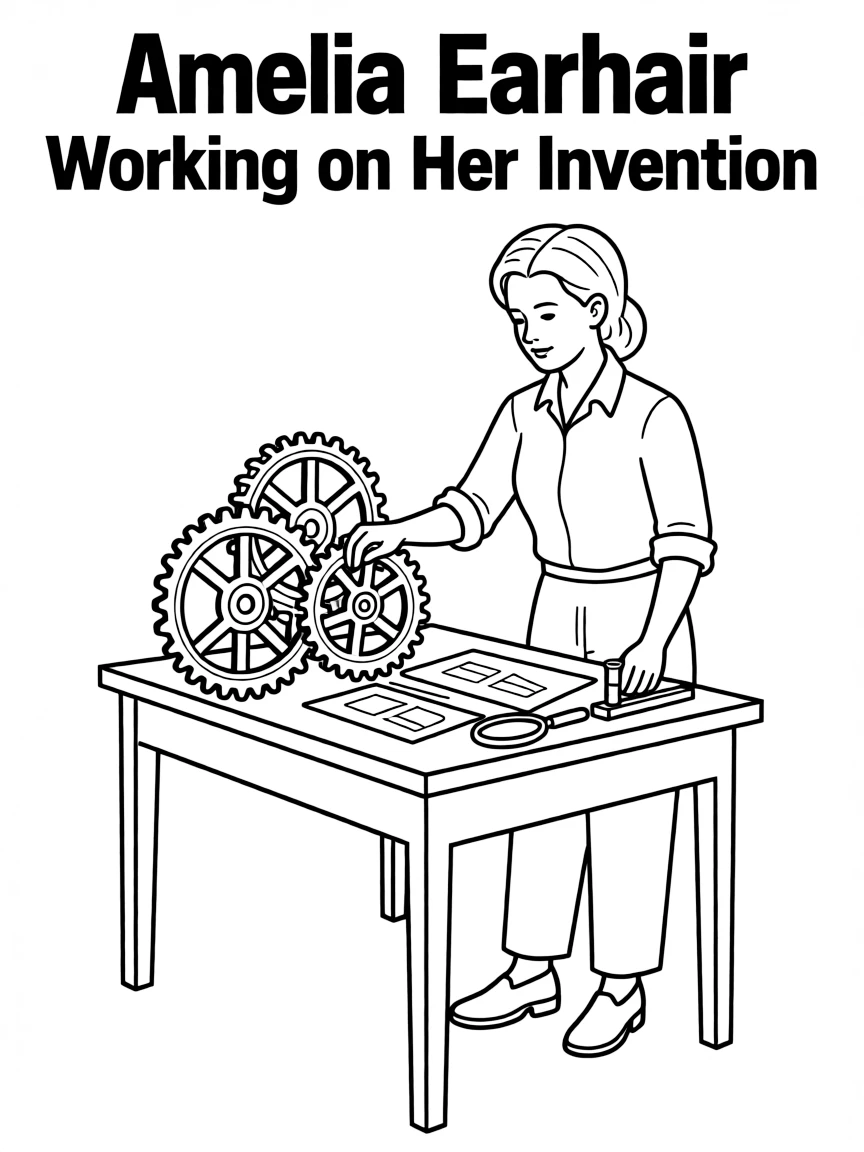 Amelia Earhart working on their famous invention or idea, with gears, papers, or lab equipment drawn simply.