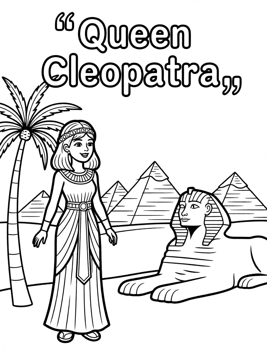 Cleopatra standing proudly with historical landmarks in the background, drawn with clear bold lines for coloring.