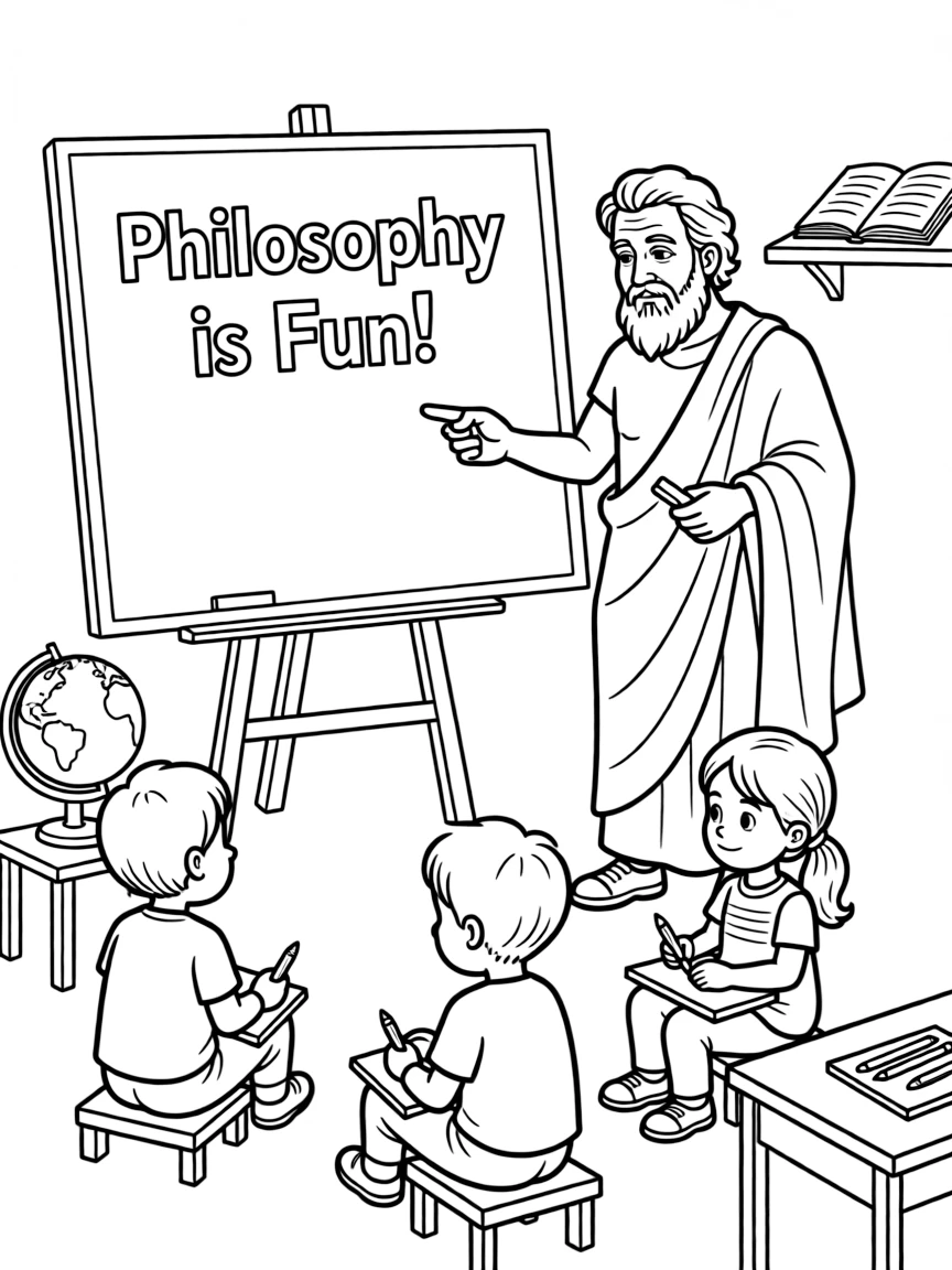 Socrates teaching children, with educational items like chalkboards and pencils, in a friendly classroom scene.