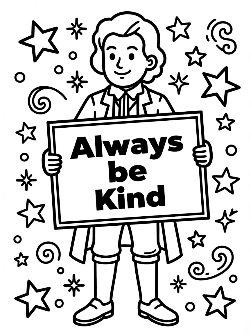 A cute coloring page of Isaac Newton holding a sign about kindness or bravery, with stars and doodles around.