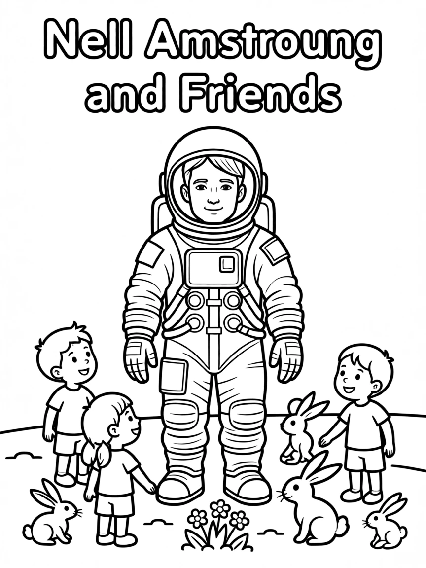 A playful scene showing Neil Armstrong in a historical outfit with animals, plants, or kids nearby.