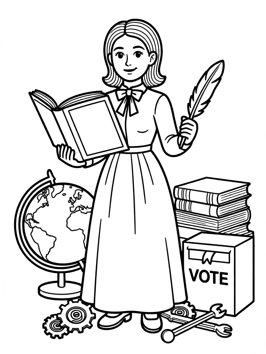 A cartoon-style drawing of Susan B. Anthony surrounded by symbols of their achievements, like books, tools, or globes.