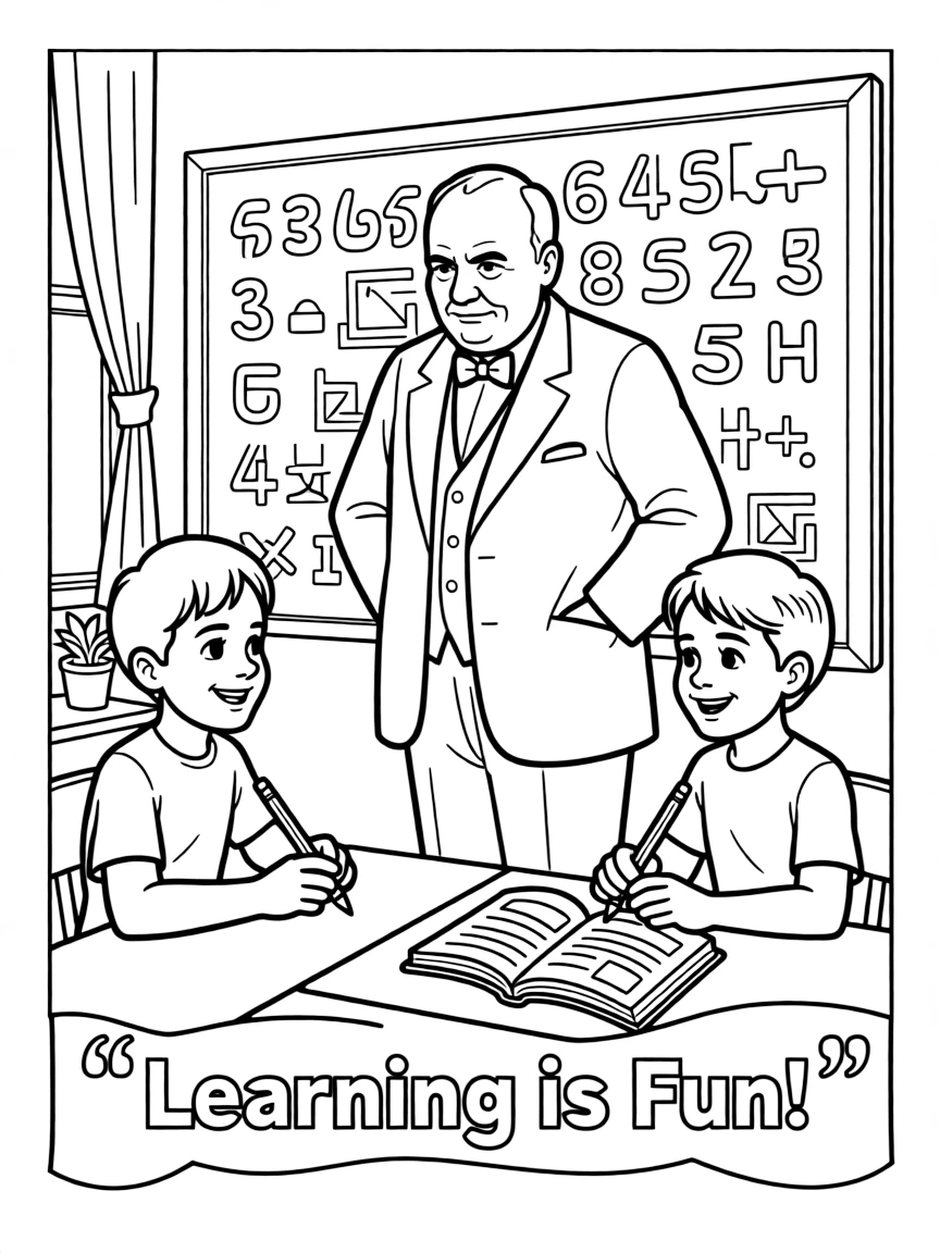 Winston Churchill teaching children, with educational items like chalkboards and pencils, in a friendly classroom scene.