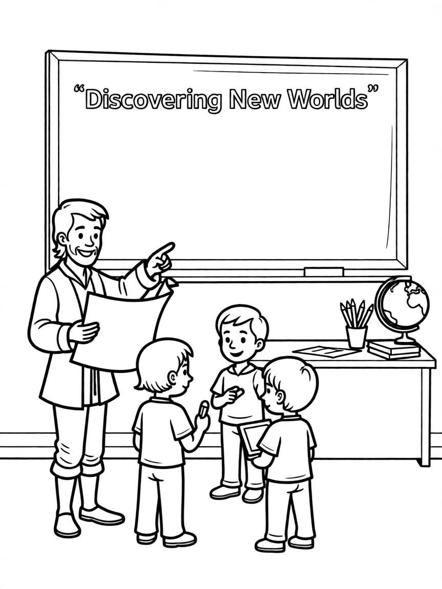 Christopher Columbus teaching children, with educational items like chalkboards and pencils, in a friendly classroom scene.