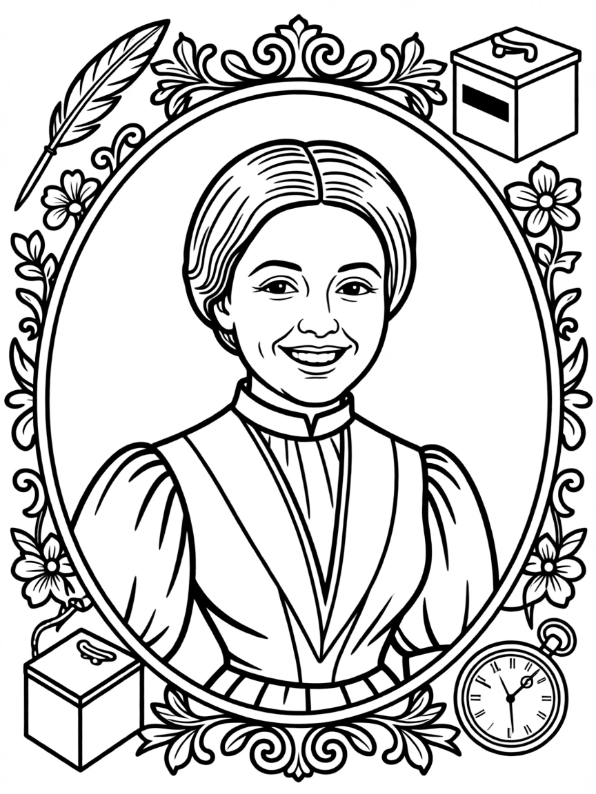 A portrait of Susan B. Anthony with a big smile, framed with decorative borders and symbols of their time period.