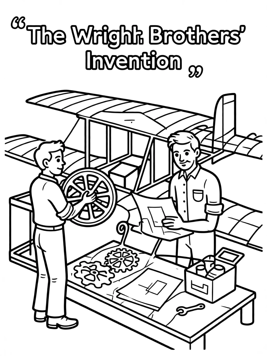The Wright Brothers working on their famous invention or idea, with gears, papers, or lab equipment drawn simply.