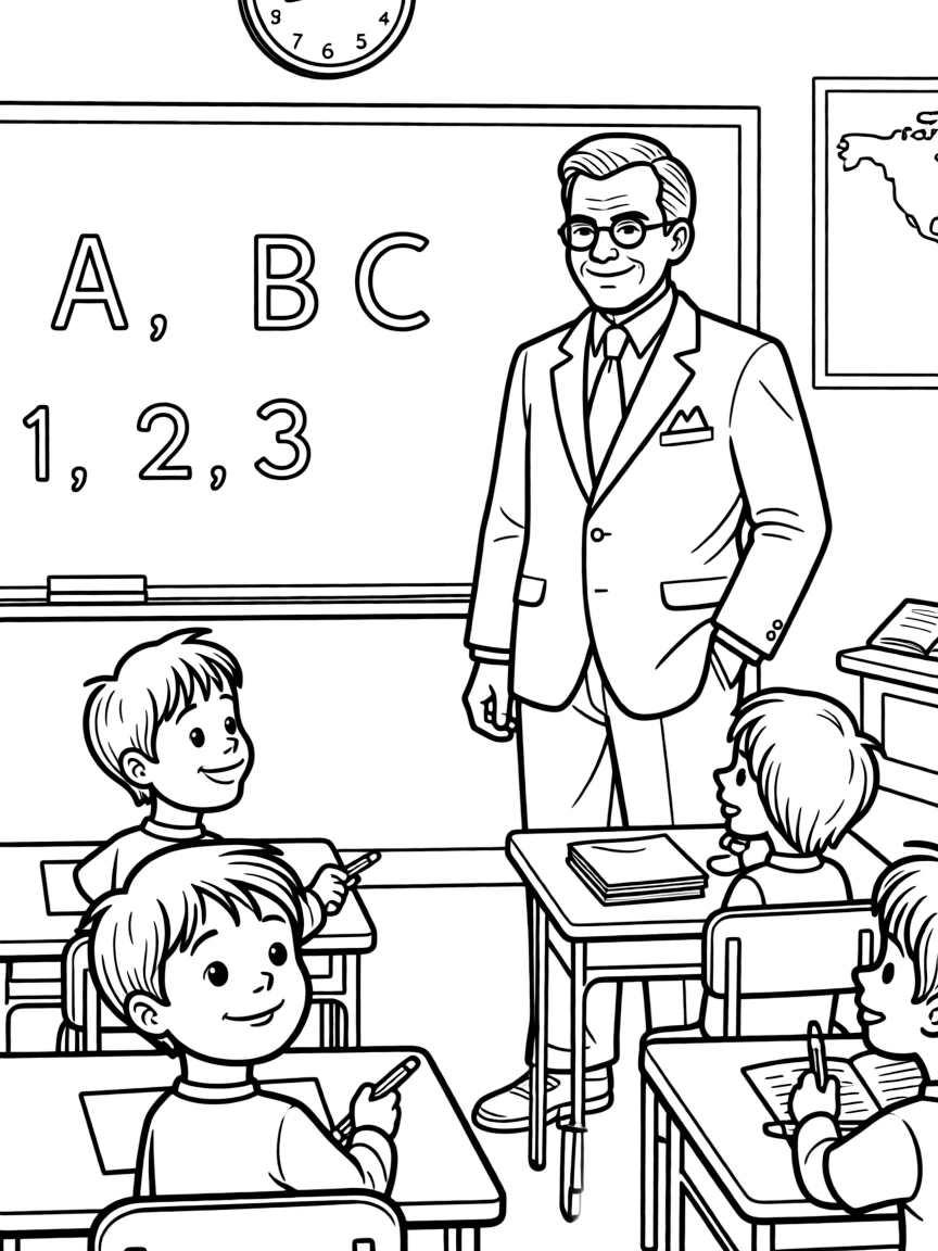 Theodore Roosevelt teaching children, with educational items like chalkboards and pencils, in a friendly classroom scene.