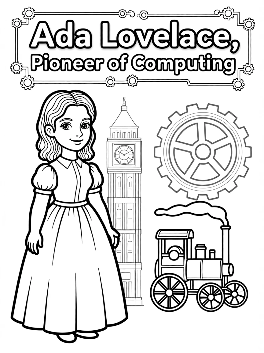 Ada Lovelace standing proudly with historical landmarks in the background, drawn with clear bold lines for coloring.
