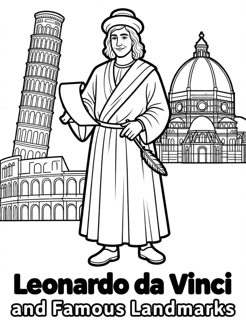 Leonardo da Vinci standing proudly with historical landmarks in the background, drawn with clear bold lines for coloring.