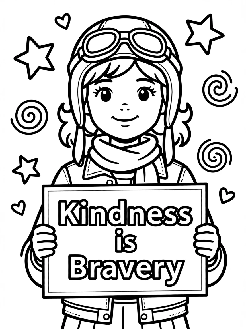 A cute coloring page of Amelia Earhart holding a sign about kindness or bravery, with stars and doodles around.
