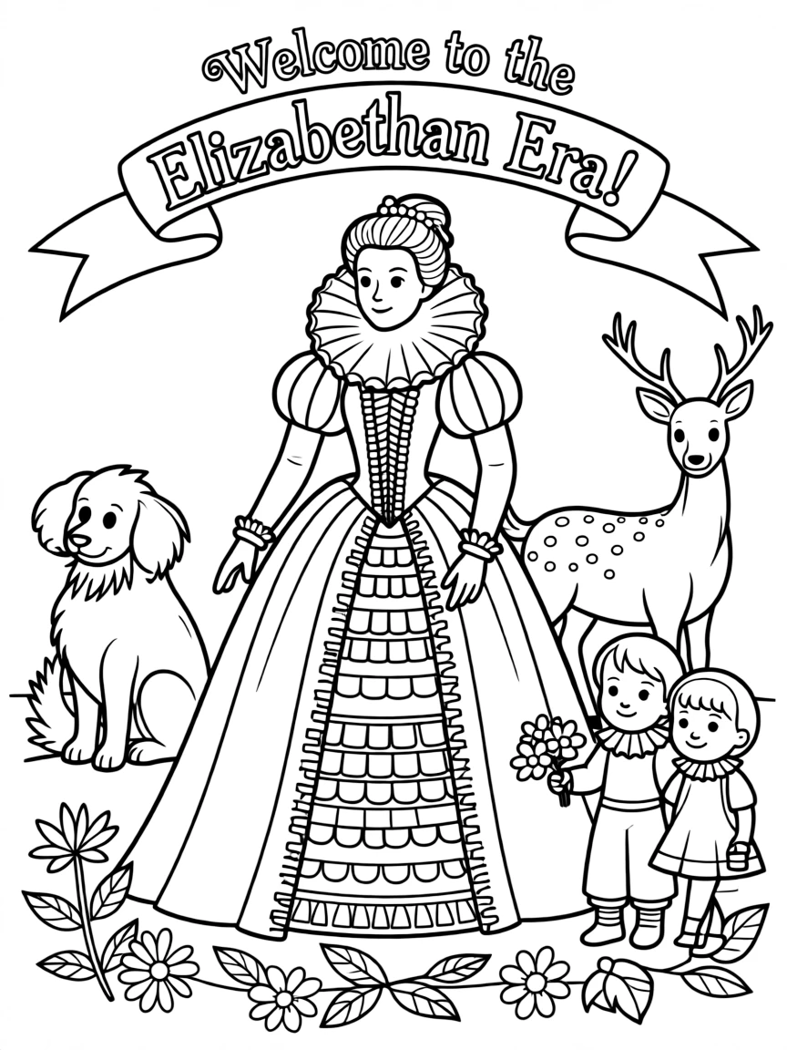 A playful scene showing Queen Elizabeth I in a historical outfit with animals, plants, or kids nearby.