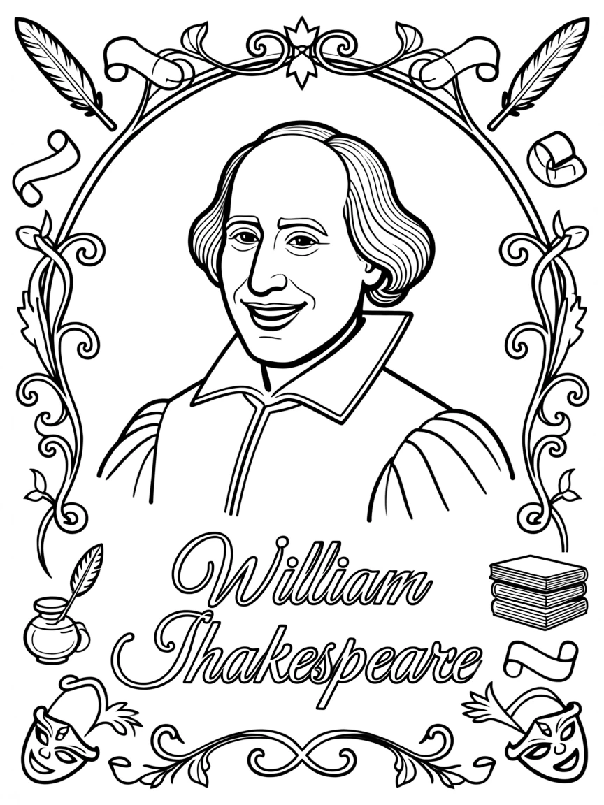 A portrait of William Shakespeare with a big smile, framed with decorative borders and symbols of their time period.