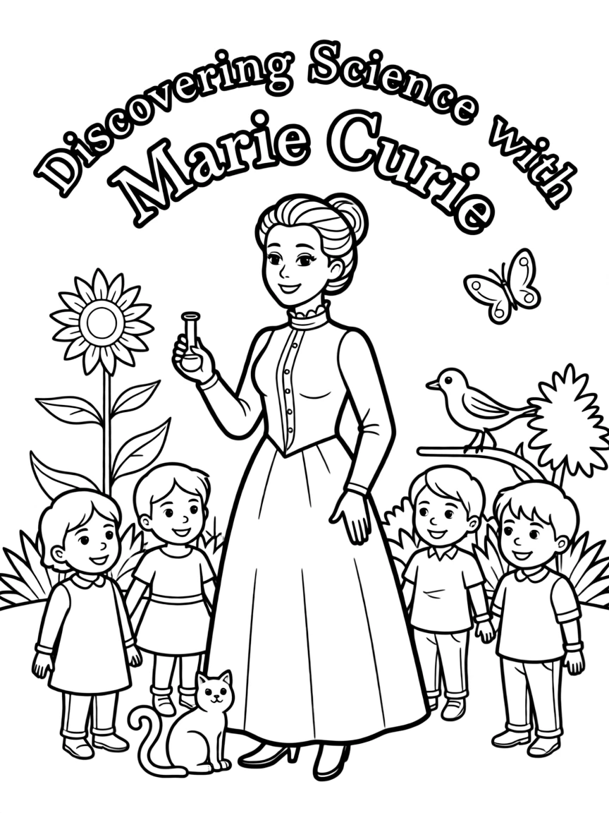 A playful scene showing Marie Curie in a historical outfit with animals, plants, or kids nearby.
