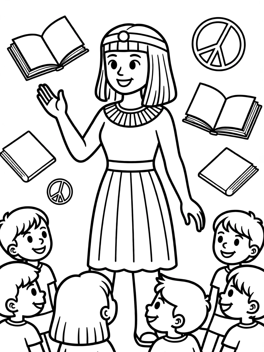 A fun coloring page of Cleopatra giving a speech to children with books and peace signs around.