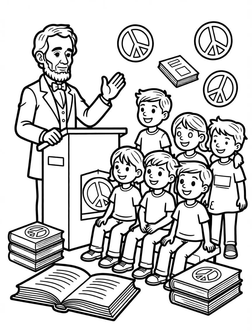 A fun coloring page of Abraham Lincoln giving a speech to children with books and peace signs around.
