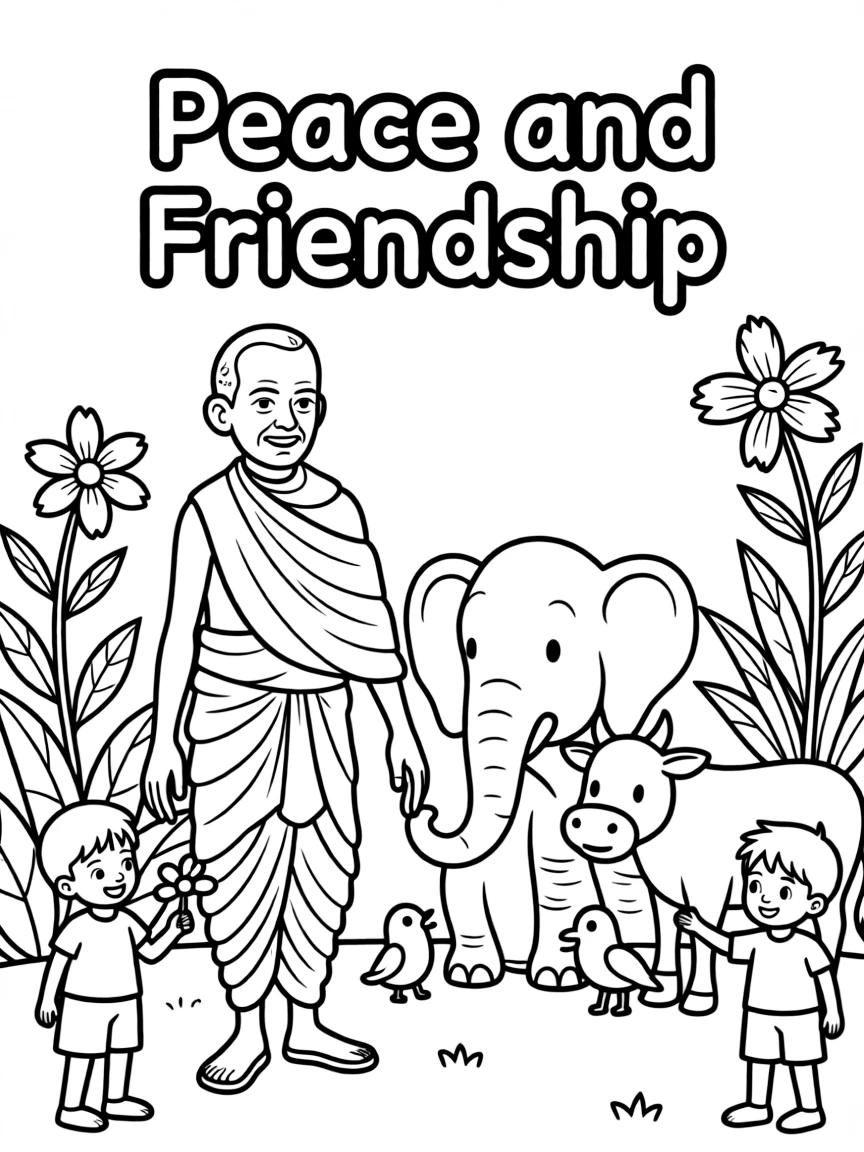 A playful scene showing Mahatma Gandhi in a historical outfit with animals, plants, or kids nearby.