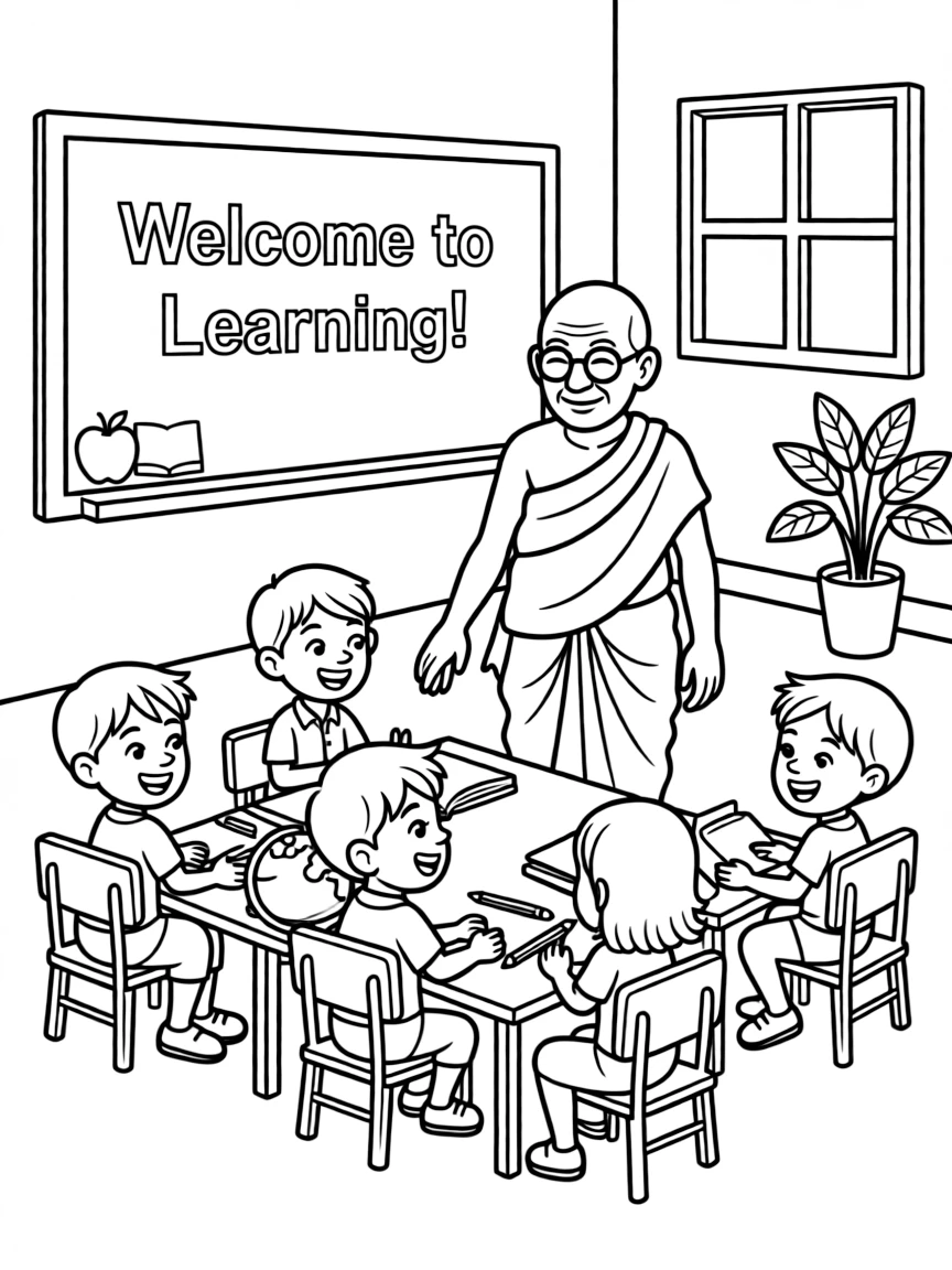 Mahatma Gandhi teaching children, with educational items like chalkboards and pencils, in a friendly classroom scene.