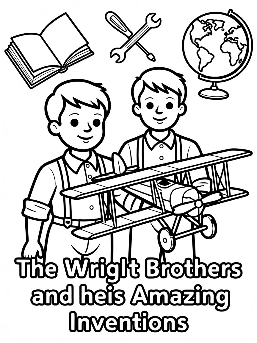 A cartoon-style drawing of The Wright Brothers surrounded by symbols of their achievements, like books, tools, or globes.