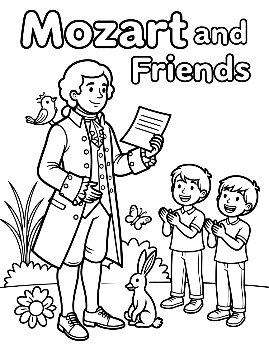A playful scene showing Mozart in a historical outfit with animals, plants, or kids nearby.