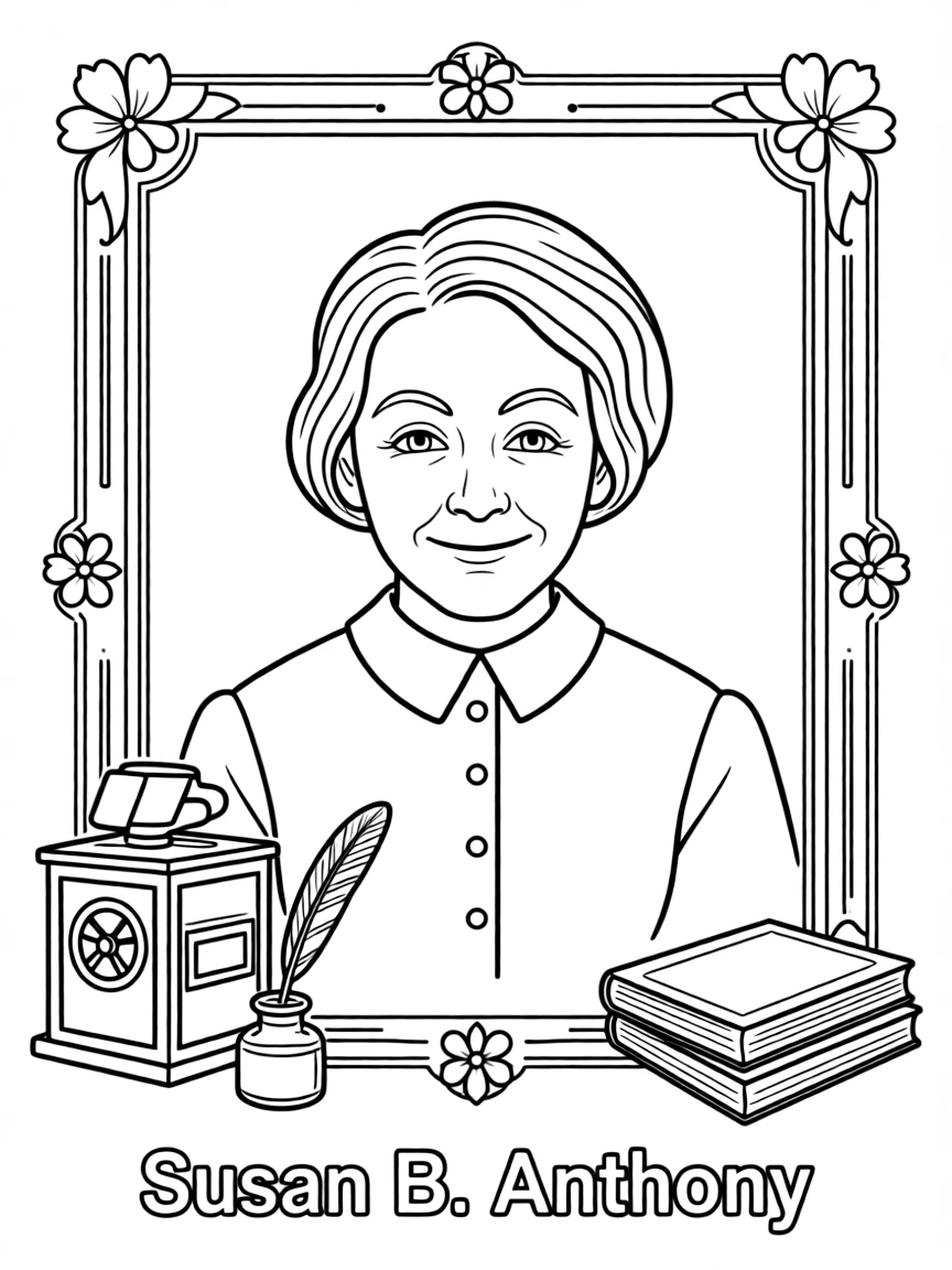 A portrait of Susan B. Anthony with a big smile, framed with decorative borders and symbols of their time period.