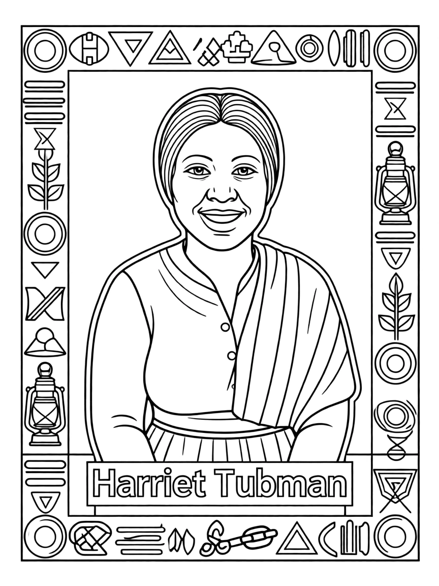 A portrait of Harriet Tubman with a big smile, framed with decorative borders and symbols of their time period.