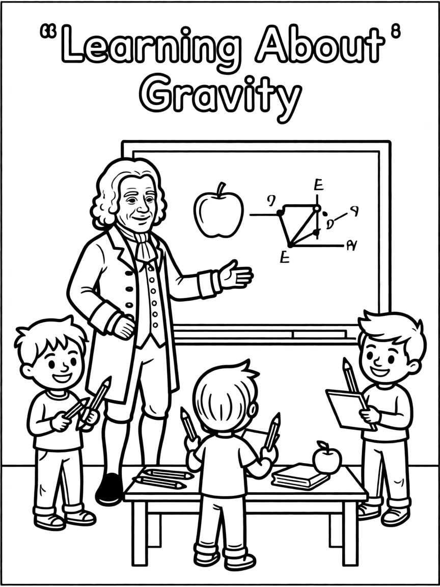 Isaac Newton teaching children, with educational items like chalkboards and pencils, in a friendly classroom scene.