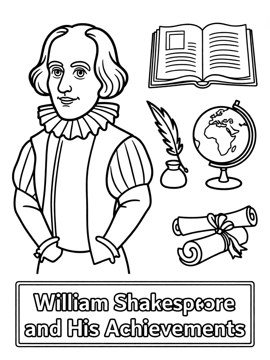 A cartoon-style drawing of William Shakespeare surrounded by symbols of their achievements, like books, tools, or globes.