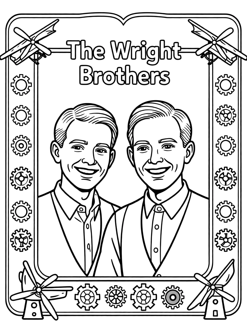 A portrait of The Wright Brothers with a big smile, framed with decorative borders and symbols of their time period.