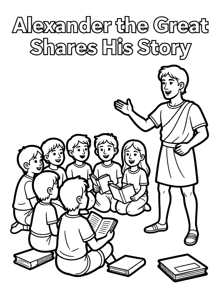 A fun coloring page of Alexander the Great giving a speech to children with books.