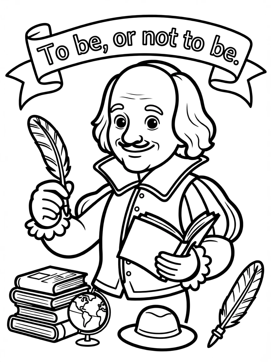 A cartoon-style drawing of William Shakespeare surrounded by symbols of their achievements, like books, tools, or globes.
