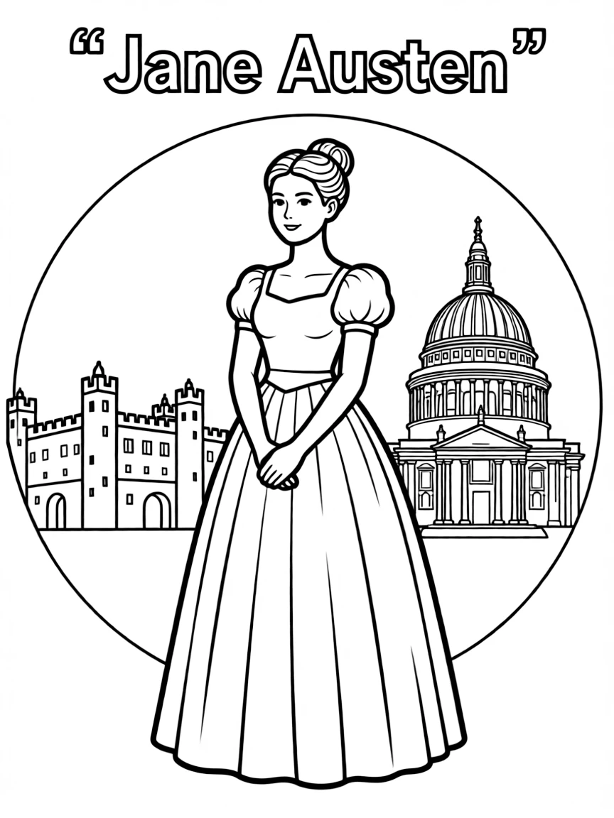 Jane Austen standing proudly with historical landmarks in the background, drawn with clear bold lines for coloring.