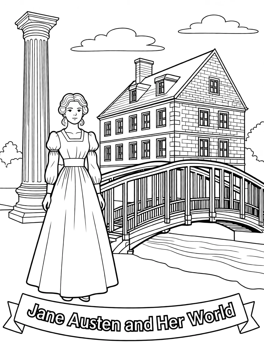 Jane Austen standing proudly with historical landmarks in the background.