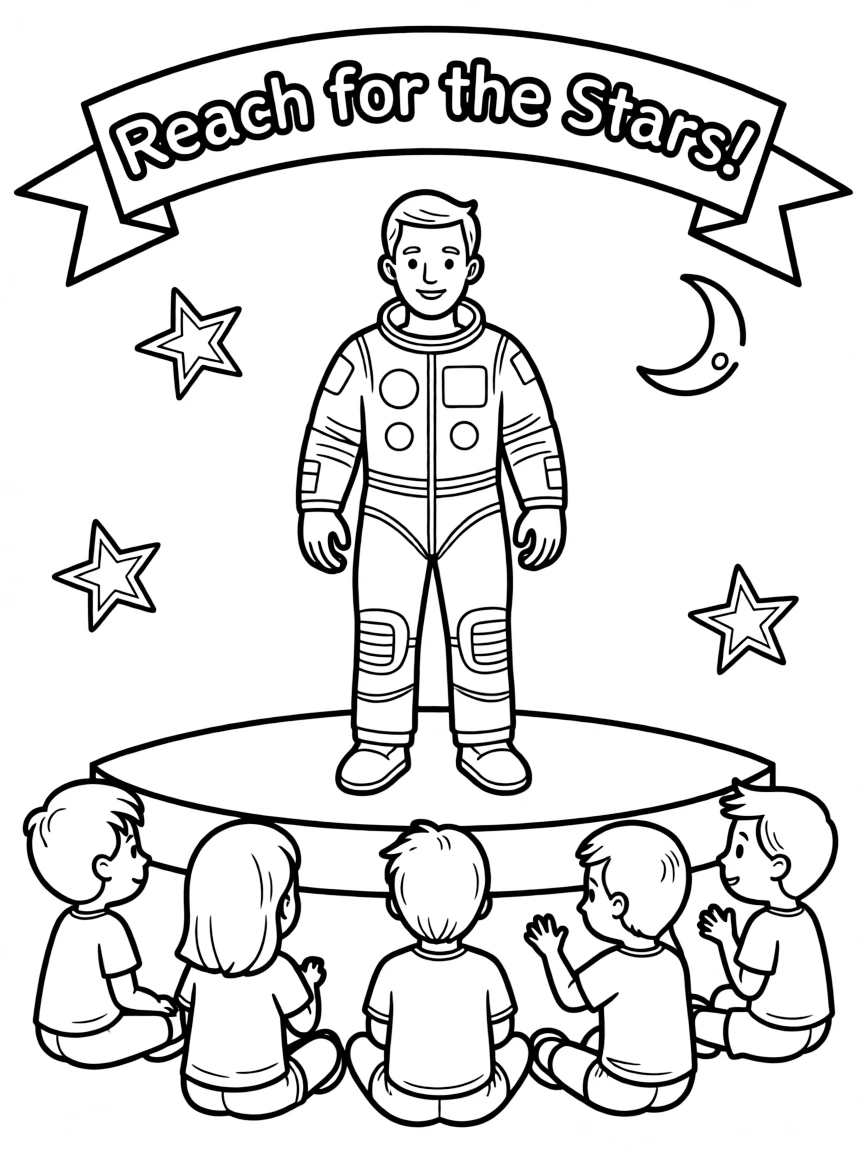 A fun coloring page of Neil Armstrong giving a speech to children.