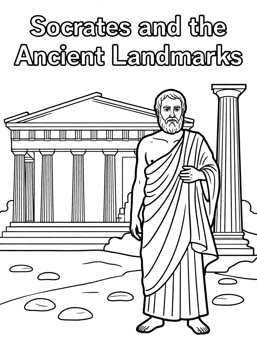 Socrates standing proudly with historical landmarks in the background.