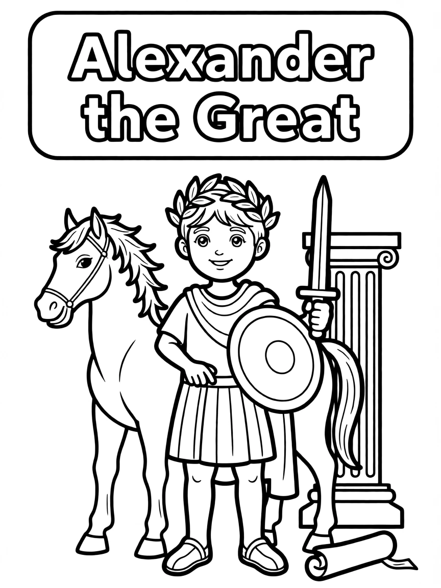 A cartoon-style drawing of Alexander the Great.