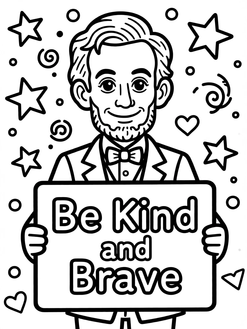A cute coloring page of Abraham Lincoln holding a sign about kindness or bravery, with stars and doodles around.