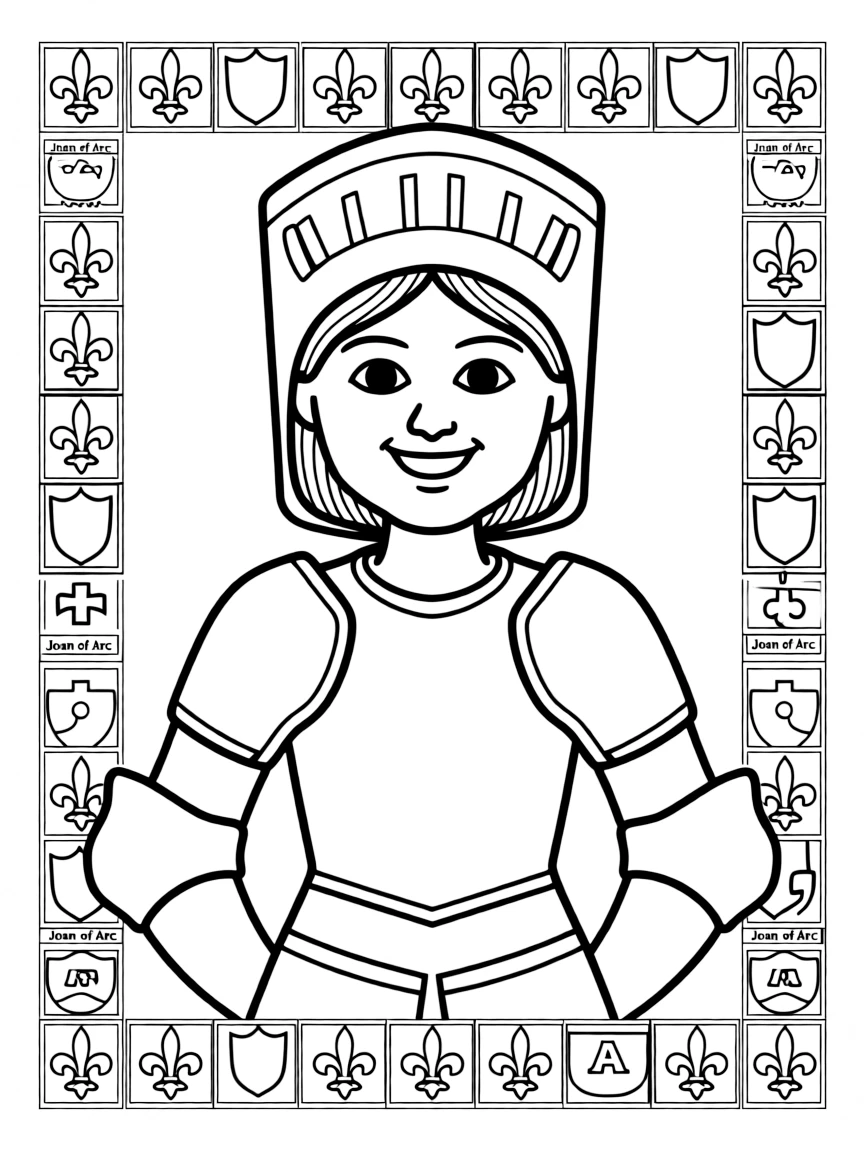 A portrait of Joan of Arc with a big smile, framed with decorative borders and symbols of their time period.