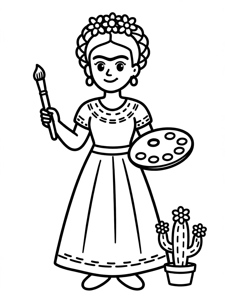A cartoon-style drawing of Frida Kahlo.