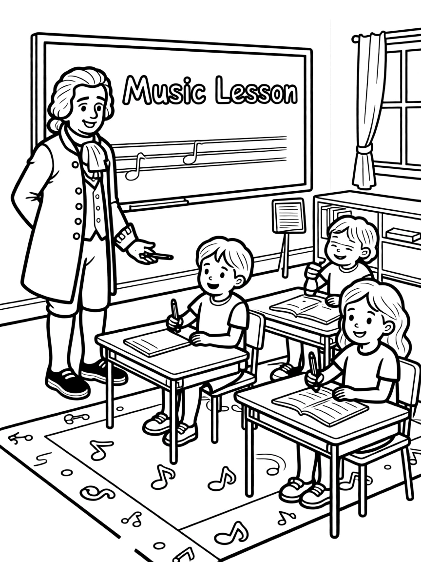 Beethoven teaching children, with educational items like chalkboards and pencils, in a friendly classroom scene.