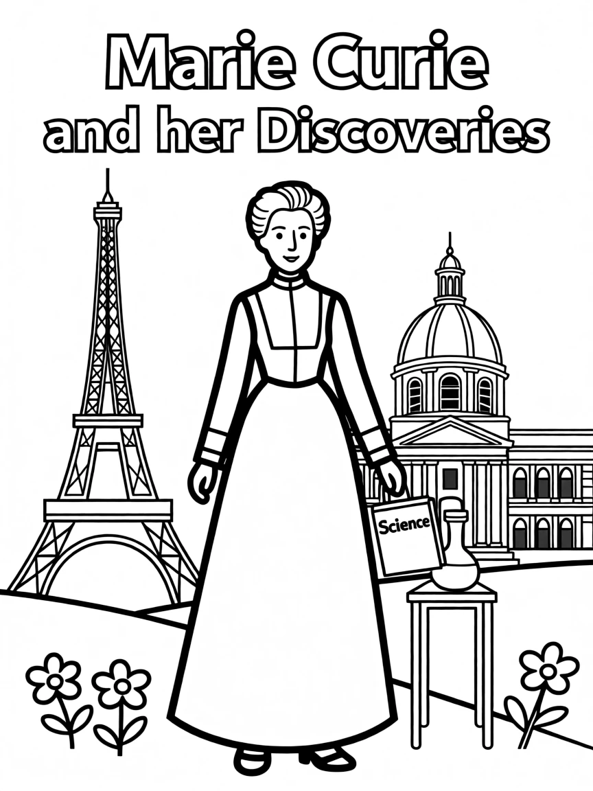 Marie Curie standing proudly with historical landmarks in the background.