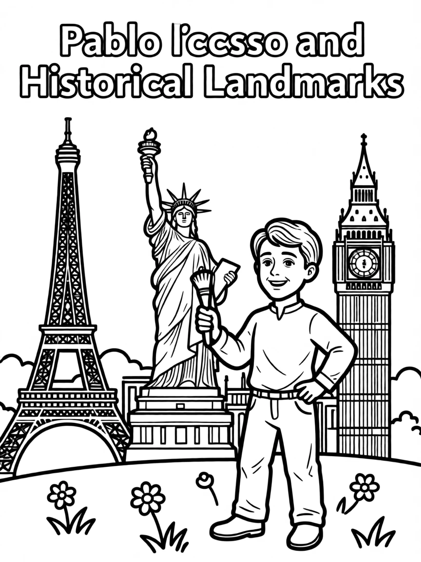 Pablo Picasso standing proudly with historical landmarks in the background.