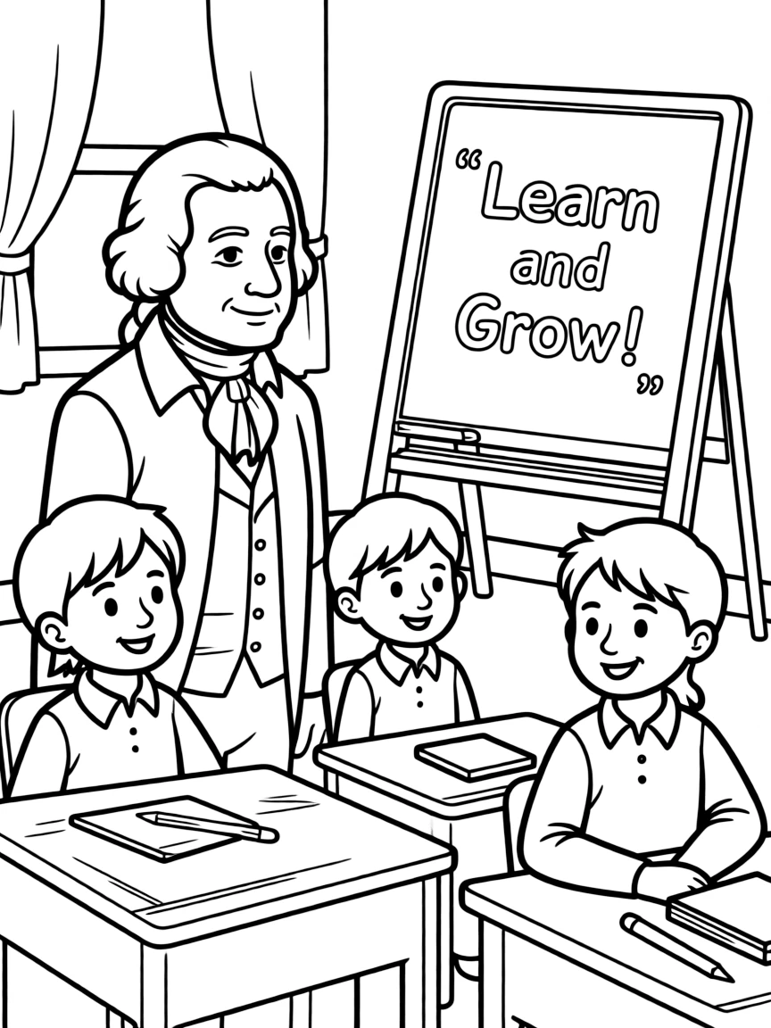 George Washington teaching children, with educational items like chalkboards and pencils, in a friendly classroom scene.
