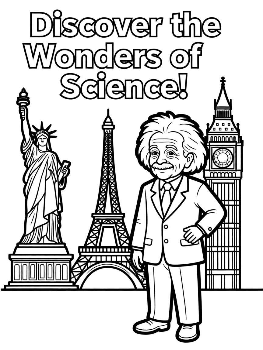 Albert Einstein standing proudly with historical landmarks in the background.