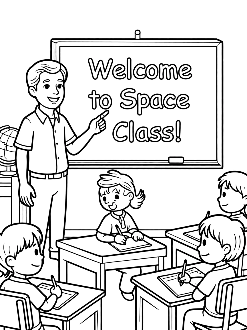 Neil Armstrong teaching children, with educational items like chalkboards and pencils, in a friendly classroom scene.